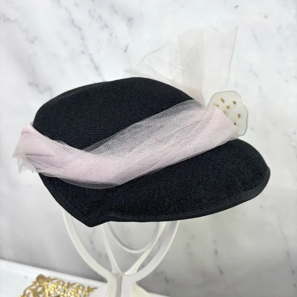Vintage 1950s 60s Woven Cloche Hat Pink Tulle Bow Star Cocktail Fascinator MCM